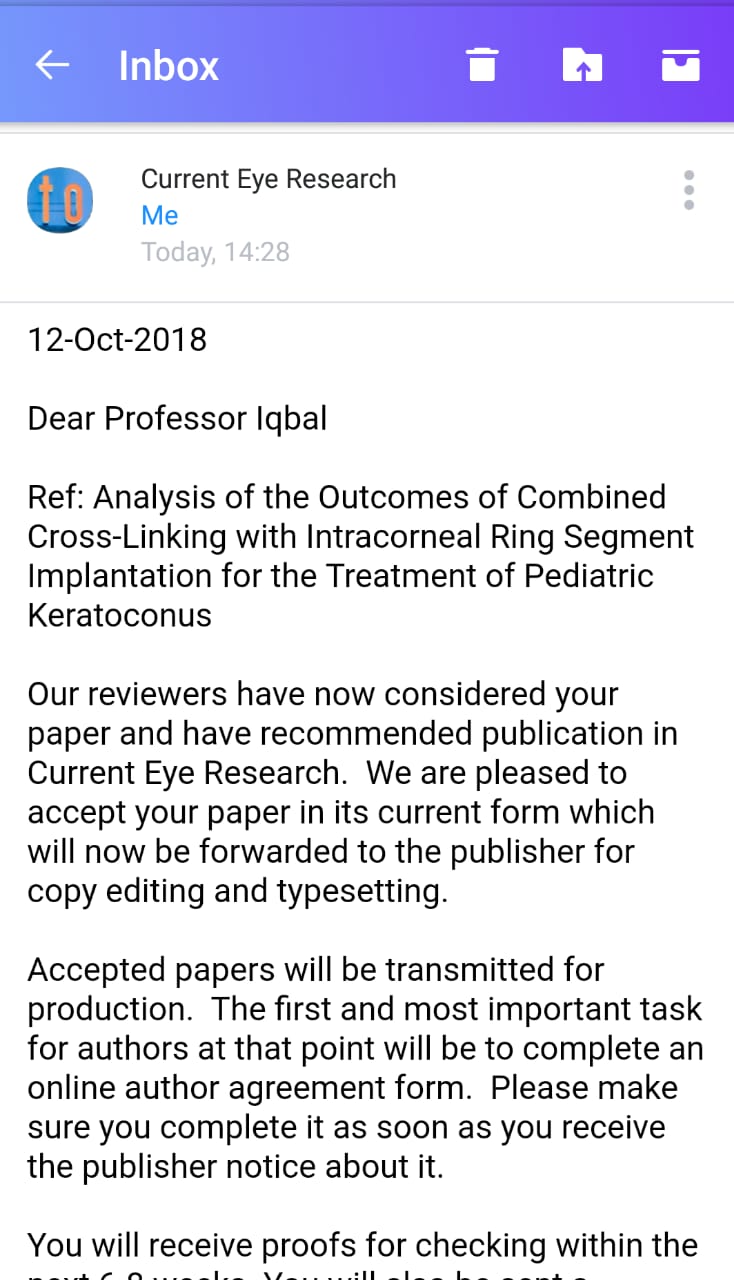 Dr. Iqbal received acceptance from Current Eye Research